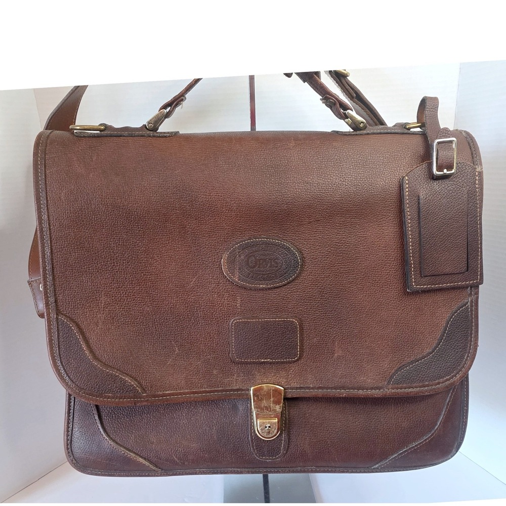 VTG Orvis Gokey Bullhide Leather 3 Gusset Briefcase Brown USA Luggage Tag Brass